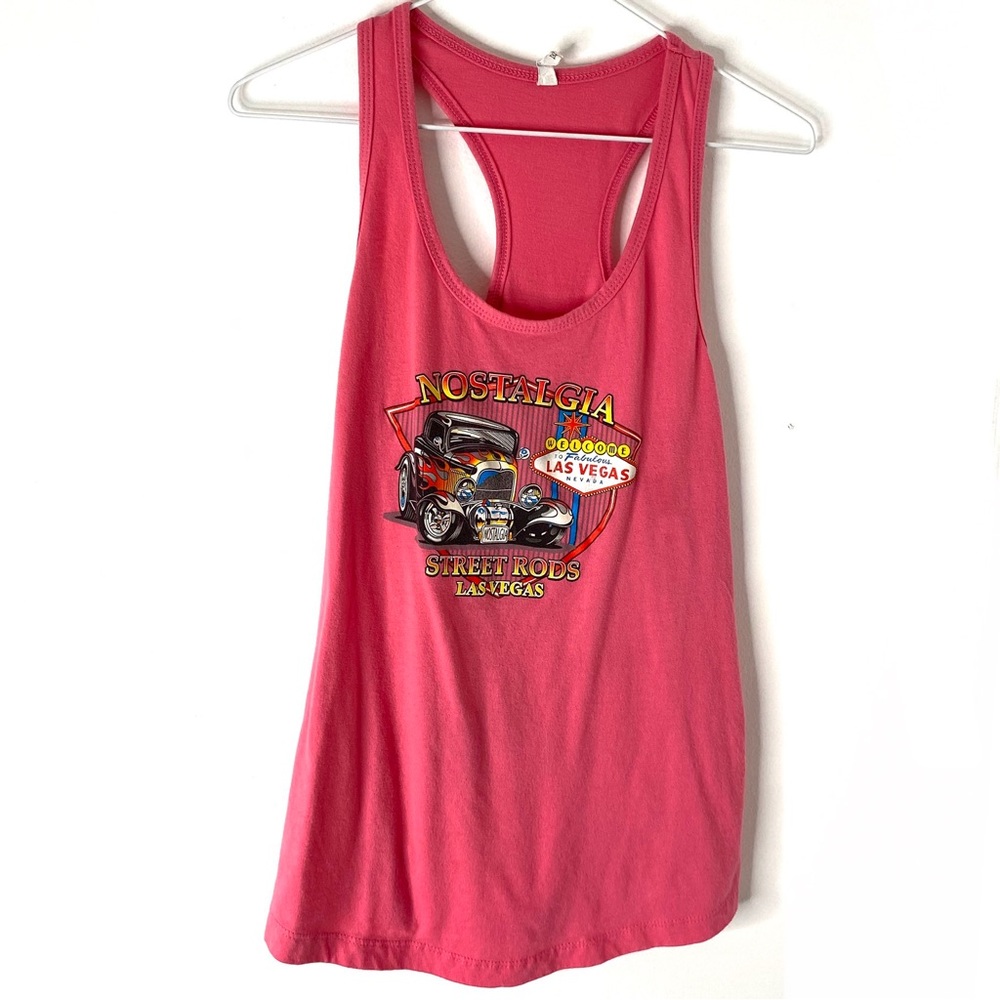 Ideal T by Next Level Nostalgia Street Rods Pink Racerback Tank Top Curved Hem